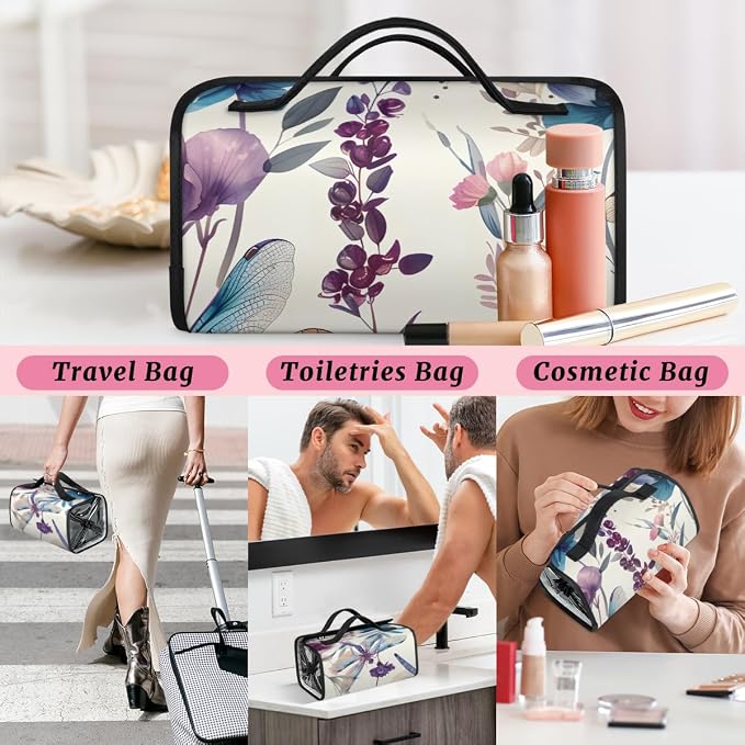 Dragonflies Flower Makeup Bag for Women Hanging Roll-Up Travel Organizer Toiletry Kit with 4 Removable Compartments, Dragonfly Floral