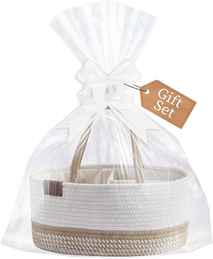 DECOMOMO Diaper Caddy, Empty Woven Basket for Gifts, Large Gift Set | Baby Baskets for Baby Shower Newborn, Caddy Organizer (Spiral Biege & White)