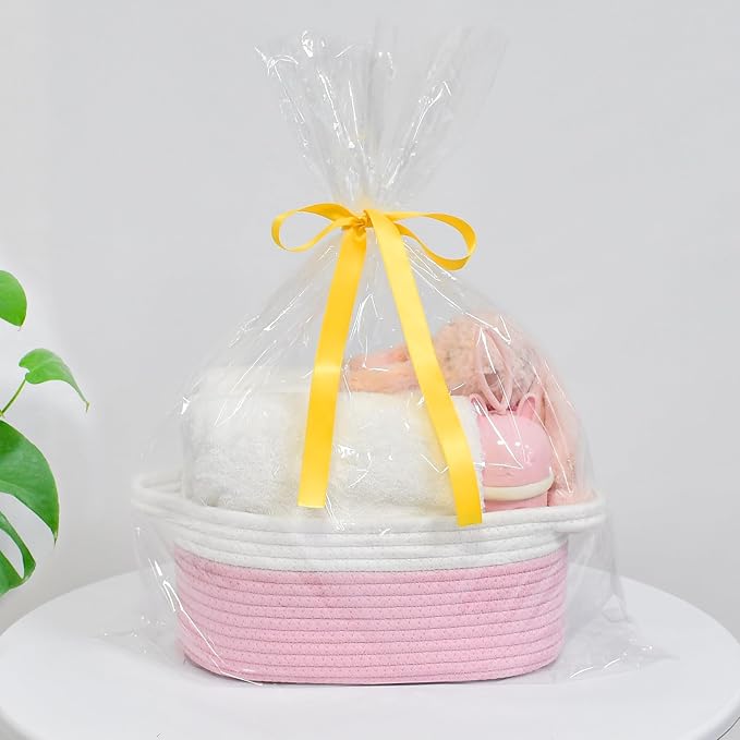 ABenkle Small Basket with Handles, Boho Decorative Rope Woven Dog Cat Toy Storage Bin Shelf Storage Organizer, Easter Christmas Gift Basket, 12"x8"x5", Pink
