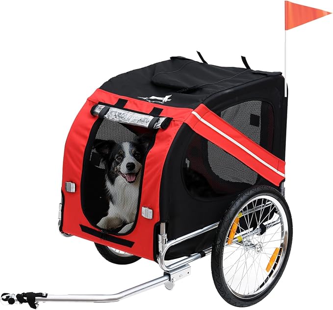 Aosom Dog Bike Trailer Easy Folding Cart Frame 20" Wheels | Pet Wagon Bicycle Trailer, Large Rubber Wheels, 3 Entrances, Mesh Screen, Off-Road and Travel