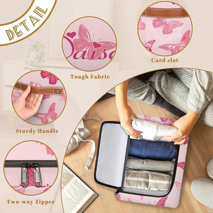 Custom Cute Butterfly Storage-Bin With Zipper Lid for Kids-Girls-Boys-Baby-Pet,Personalized Name Foldable Storage Box with Handle,Baby Basket With Label for Bedroom Nursery Toy Clothes,Pink