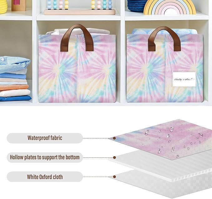Colorful Tie-dye Rainbow Abstract Storage Basket Foldable Cube Storage Bin with Handles&Label Collapsible Organizer Box Bin Large Rectangle Decorative Basket for Shelve Home Living Room Closet