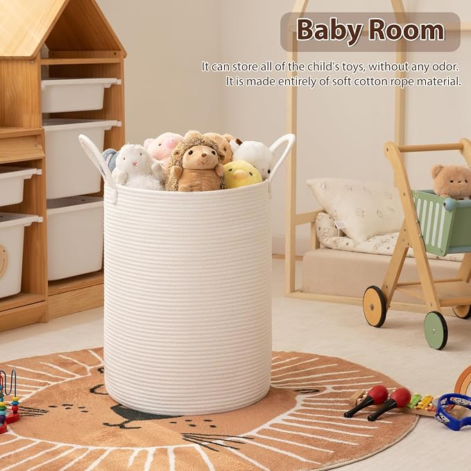 OIAHOMY 60L Nursery Hamper Laundry Basket Laundry Hamper White | collapsible Blanket Basket Cotton Rope Woven Basket Dirty Clothes Hamper Baby Hamper Tall Clothes Hamper with Handles