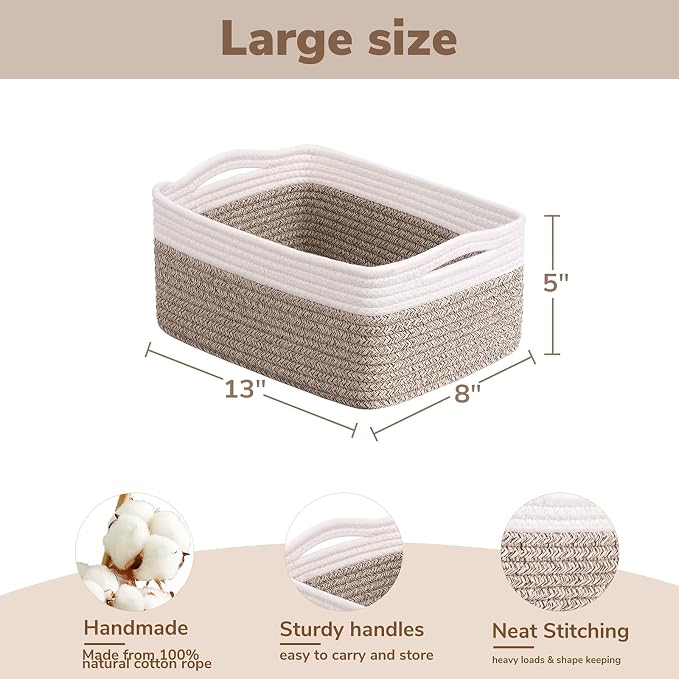 Goodpick 3-Pack Rope Storage Baskets for Gifts, 13 x 8 x 5 in | Woven Baskets for Closet Fit Bedroom Lving Room, Baby Baskets for Gift Empty, Dog Toy Basket for Pets, White & Light Brown