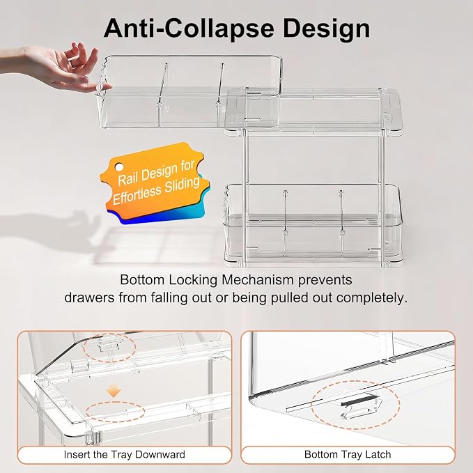 Delamu 2 Tier Under Sink Organizer Bathroom, Bathroom Cabinet Organizer with Snap-Lock Design and Hooks, Pull Out Storage with Movable Dividers, for Countertop, Kitchen and Pantry (Clear, 2 Pack)