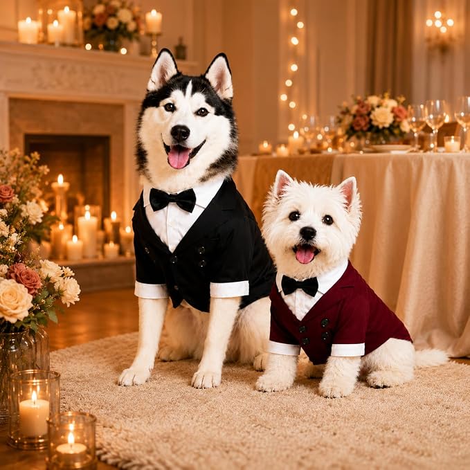 Lovelonglong Pet Costume Dog Suit Formal Tuxedo with Black Bow Tie for Large Medium Small Dogs Cat Wedding Clothes Reddish Brown L-M