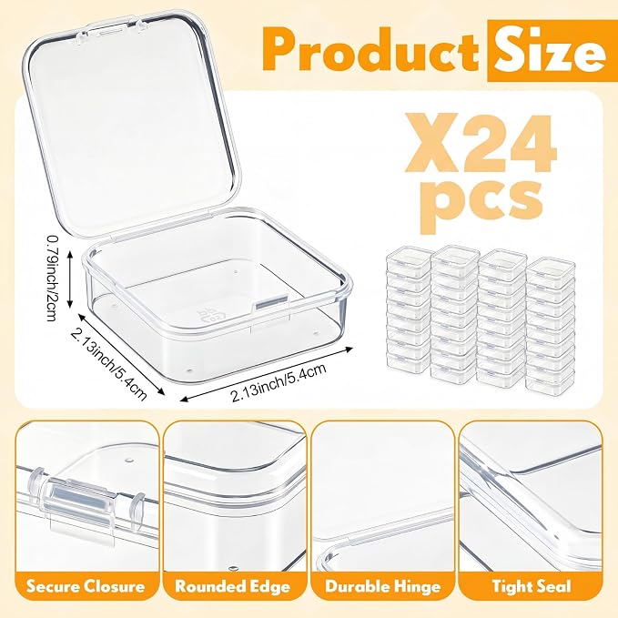 24 Packs Small Clear Plastic Beads Storage Containers Box with Hinged Lid for Storage of Small Items, Crafts, Jewelry, Hardware(2.12 x 2.12 x 0.79 Inches)