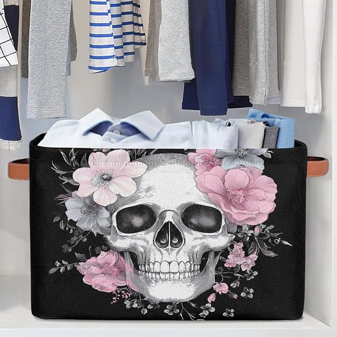 SEULIFE Floral Sugar Skull Flower Halloween Foldable Storage Basket, Large Collapsible Organizer Storage Bin Cube Toys Storage Boxes with Handles for Bathroom Kids Nursery Closet Storage, 2 Pack