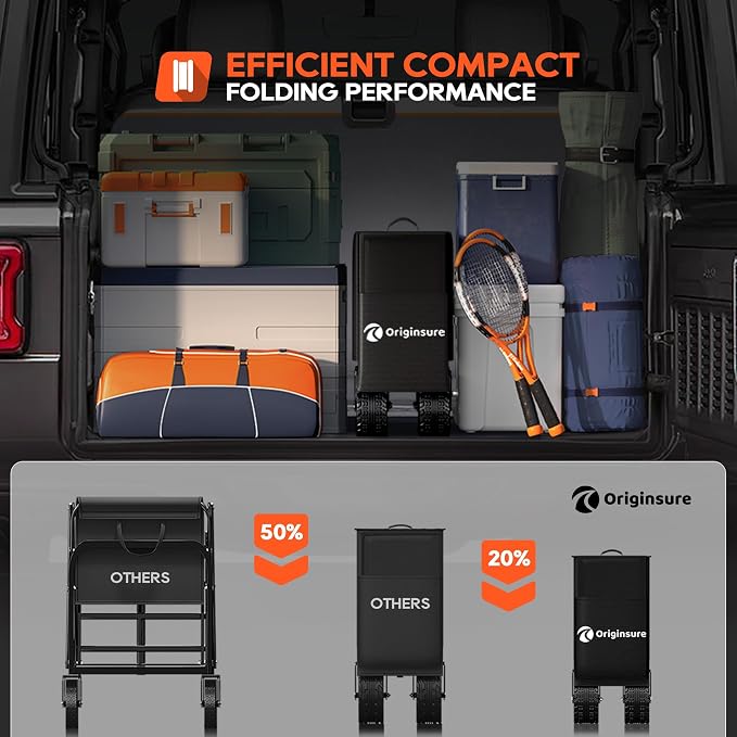 Originsure 300L Beach Wagons Carts Foldable with Big Wheels, 560lbs, Black | 48" Folding Utility Wagon,7" All-Terrain Wheels,Heavy Duty Frame,Compact&Space-Saving,for Camping,Sports,Grocery,Garden