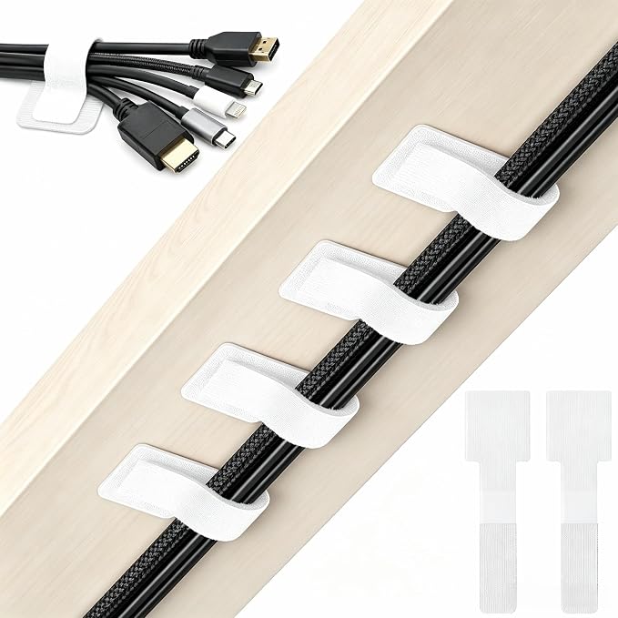 50 Pack Hook and Loop Cable Straps, Adhesive Cord Ties for Under Desk Cable Management, Reusable Cord Organizer for Computer Wire Management, Home Office, White