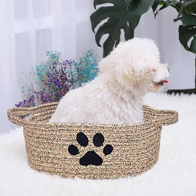 ABenkle Small Woven Basket with Handle, Cute Dog Paw Baskets for Gifts Empty, Decorative Rope Woven Storage Dog Toy Basket, Nursery Baskets for Baby Shower, 12" x 8" x 5"
