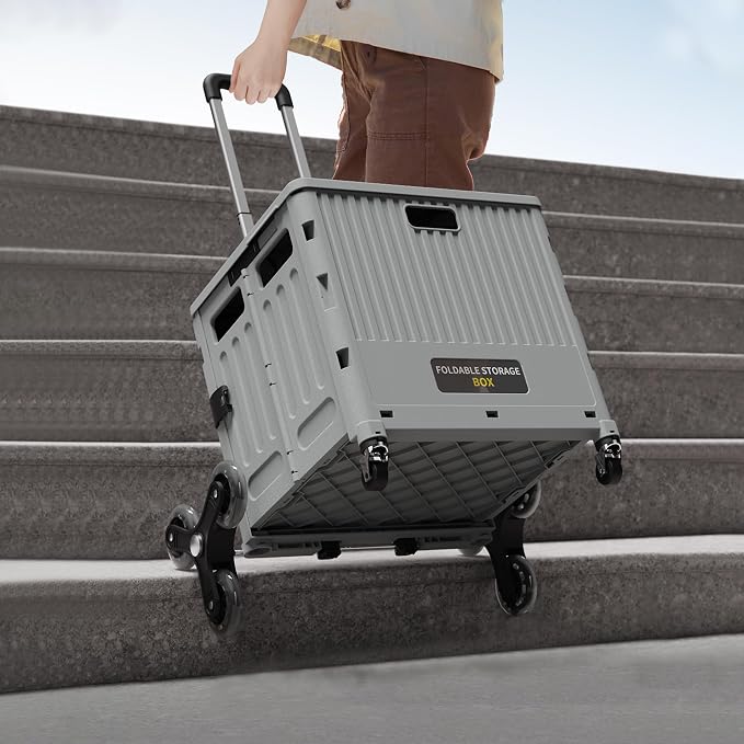 Stairs Climbing Shopping Cart, with 360° Swivel Wheels, Collapsible Wheeled Crate with Lid, Swivel and Glide Rolling Crate with Handle for Easy Transport and Versatile Use-Gray