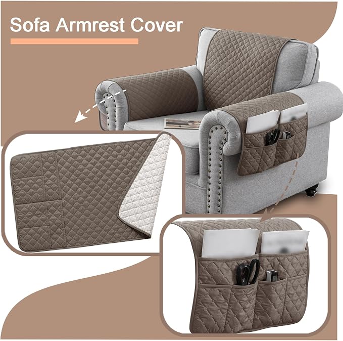 Water-Resistant Sofa Armrest and Headrest Covers with Side Pocket | Keep remotes close quilted polyester helps guard against wear, pet scratches, and kids' messes silicone backing adds grip