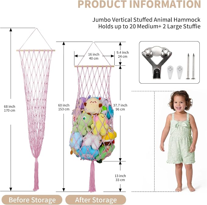 68 Inch Stuffed Animal Storage Hammock Corner Plushie Net,Pink | Boho Macrame Large Toy Hammock for Stuffed Animals Organizer,Wall Ceiling Over Door Stuffy Storage Holder,Nursery Room Decor
