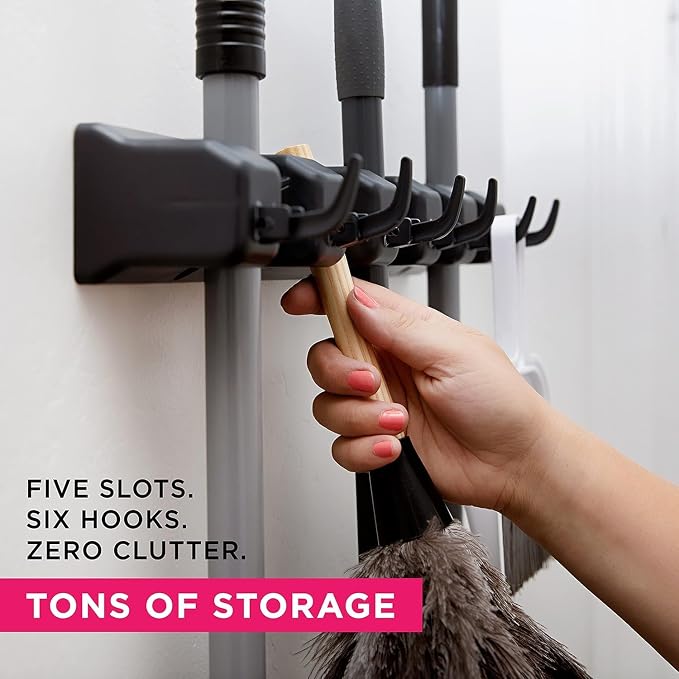 Broom Holder Wall Mount, Broom and Mop Organizer Wall Hanging Rack & Hanger | (Black) Broom Hanger Wall Mount, Mop and Broom Holder Wall Mount, Mop Holder, Hanger for Brooms and Mops, 5 Slots 6 Hooks