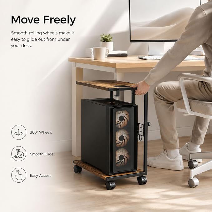 PC Stand with Charging Station, Height Adjustable Computer Tower Stand, 19.7"-31.5" H, Computer Cart with Wheels and Hooks, CPU Holder for Floor, Carpet and Under Desk, Rustic Brown