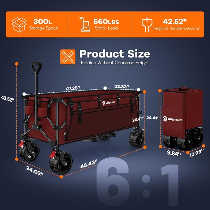 Originsure 300L Beach Wagons Carts Foldable with Big Wheels, 560lbs, Red | 48" Folding Utility Wagon,7" All-Terrain Wheels,Heavy Duty Frame,Compact&Space-Saving,for Camping,Sports,Grocery,Garden