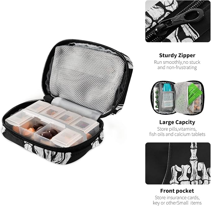 Hand Skull Pill Box 7 Day Pill Case Travel Pill Organizer Bag with Zipper Portable Weekly Case Compact Size for Vitamin Supplement Holder