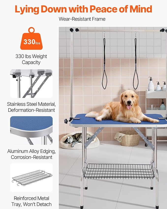 VEVOR Pet Grooming Table, 36 x 24 Inch with 2 Height Adjustable Arms, 330LBS Static Weight Capacity, Foldable Dog Groom Station with No-Sit Haunch Holder with Grooming Loop, for Medium and Small Dogs