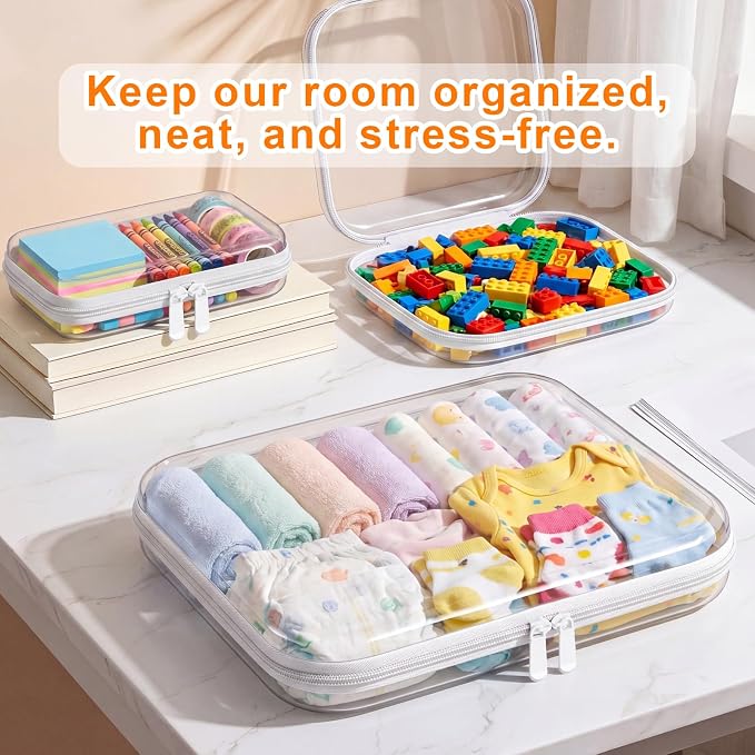 3PCS Clear Hard Shell Zipper Case,Waterproof Travel Cosmetic Toy Organizers | Crush-Proof Clear Zipper Pouches,Multi-Size Storage Box,Stackable Portable Makeup Toiletry Bags PET Hard Pouch