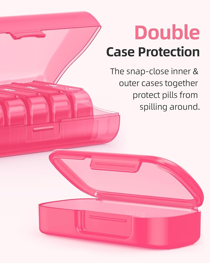 PULIV Weekly Pill Organizer with Large Capacity, Dual Protection (Pink) | Pill Box 7 Day, Arthritis Friendly Pill Case Easy to Open, Medicine Organizer for Vitamins, Medication, Fish Oils, Supplement