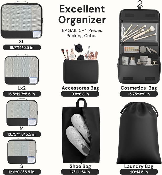 BAGAIL 9 Set Packing Cubes with Packing List Luggage Packing Organizers for Travel Accessories (Black)