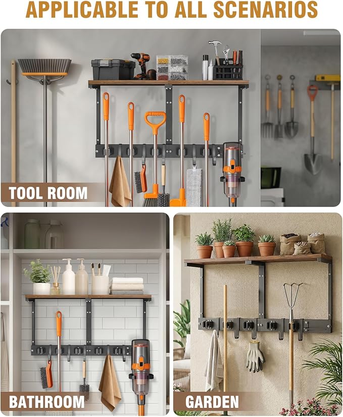 Large Broom Holder Wall Mount with Shelf, Vacuum Organizer, 5 Slots 5 Hooks | Black, 3-In-1 Wall Mount Stores Brooms/Mops/Vacuum, Cleaning Supplies With 5 Grippers/5 Hooks And A Sturdy Wooden Top Shelf