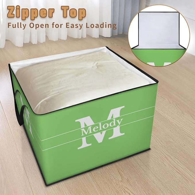 Personalized Extra Large Storage Basket with Lid, Comforters, Spring Green with Initial Letter Blanket Bedding Storage Bin for Home, Collapsible Basket for Clothes, Moving, Car Trunk