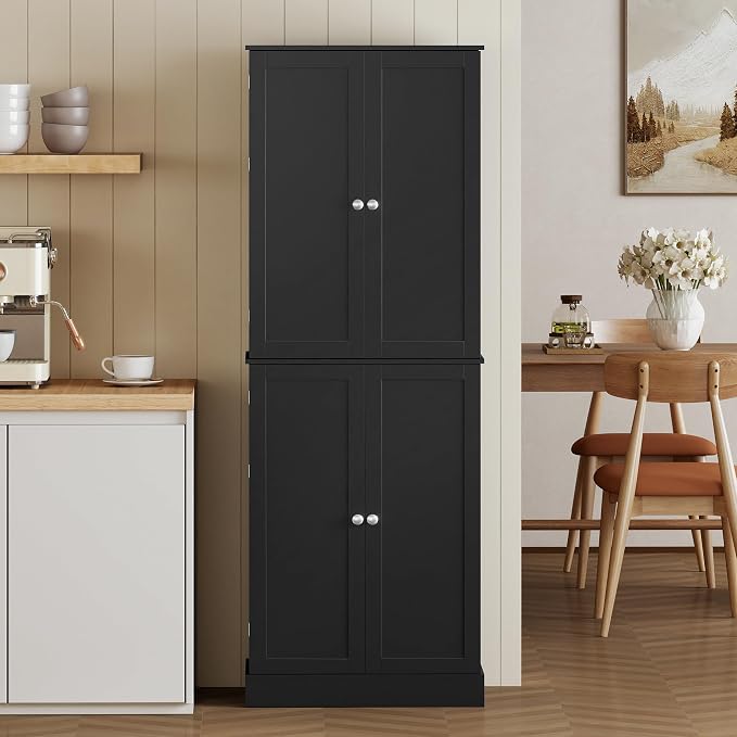 HOMCOM 65" Kitchen Pantry Storage Cabinet 16 Door Shelves Black | Freestanding Kitchen Cabinet, 4 Doors, 8-Tier Shelving, Adjustable Shelves