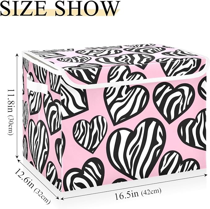 Zebra Heart Pink Storage Bins with Lids Closet Bedroom 40L Storage Basket | Decorative Storage Boxes, Foldable & Stackable, Dust-Proof Flip Top, Reinforced Handles, For Home & Dorm, Clothes & Toy Box