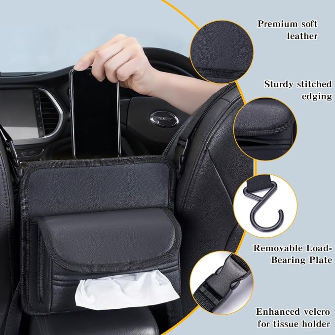 Car Storage Organizer Between Seats with Tissue Holder | Textured Leather Car Purse Holder Snack Holder | Auto Seat Back Handbag Organizer for Driving, Travel