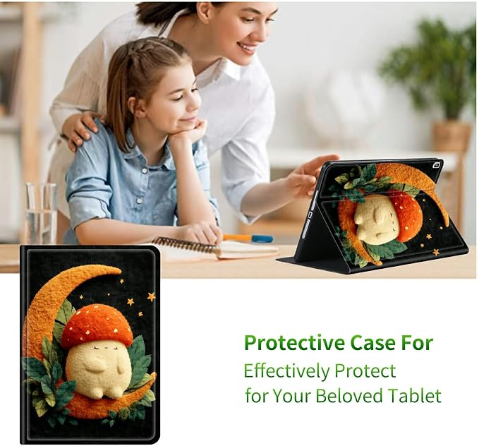 for Samsung Galaxy Tab A 10.1" 2019 SM-T510/T515/T517 Case | Slim Leather Smart Cover with Multi-Angle Anti-Slip Stand [Auto Wake/Sleep] Shell for Women Men, Orange Moon Mushroom