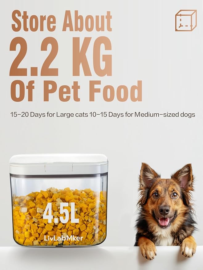LivLab Mker 5-10 lb Airtight Dog Food Storage Container, White | Large airtight bin with pop-lock lid and clear body; stores 5-10 lb of dry dog food, cat treats, rice, or flour.