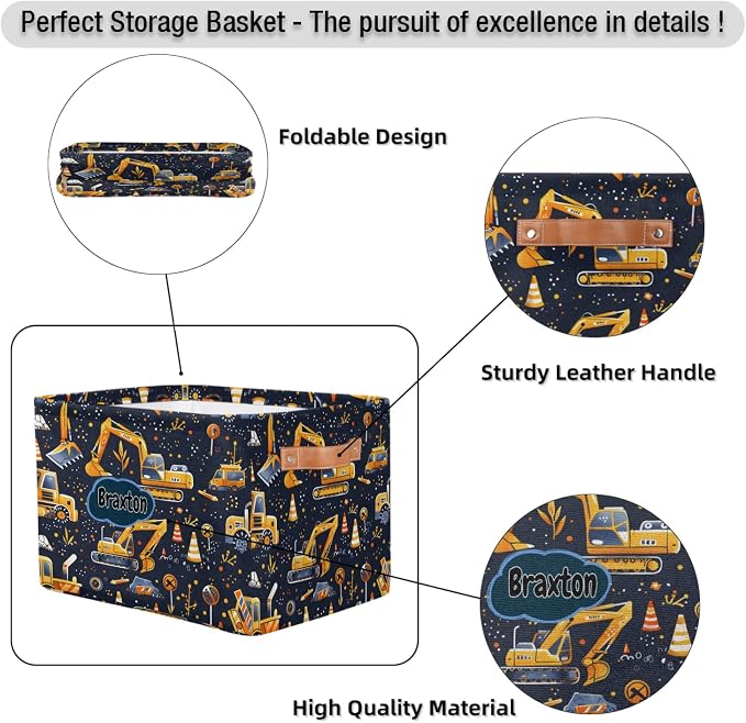 Custom Rectangular Baby Storage Basket, Kids Toys Bin, Books Shelf Basket, Clothes Towel Storage Bin for Nursery, Gift Basket, Pet Basket, Excavator Work Zone Construction
