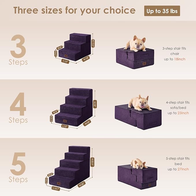 EHEYCIGA Dog Stairs for High Bed 22.5" H, 5-Step Dog Steps, Purple | Pet Steps for Small Dogs and Cats for Bed, Non-Slip Balanced Pet Ramp Indoor