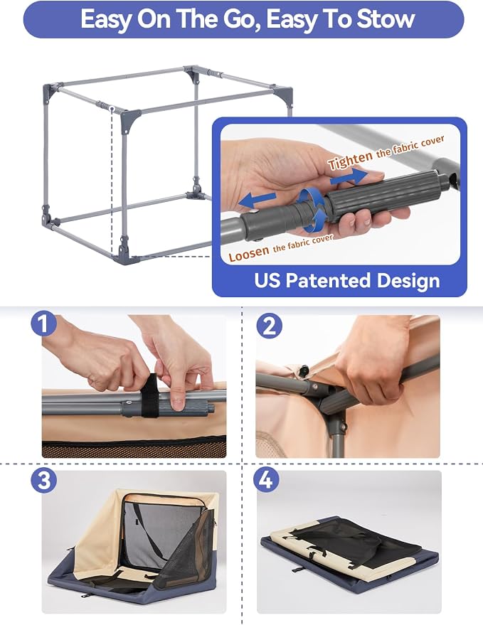 A 4 Pet 40-in Collapsible Soft Dog Crate, Large Dogs, Travel | patented screw frame, Lockable zippers, waterproof base, washable cover, outdoor/indoor/car