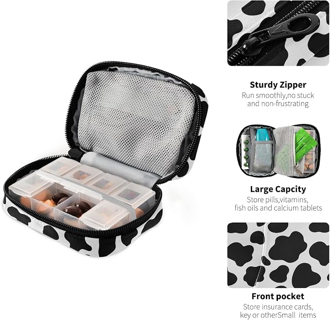 Cow Print Pill Case, Weekly Portable Pill Bag Container 7 Days Pill Box Organizer Vitamin Supplement Holder with Zipper for Travel Family Business