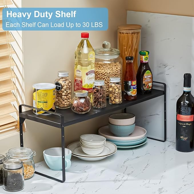Set of 2 Expandable Cabinet Shelf Organizer, Stackable Kitchen Countertop Shelves Spice Racks, Small Metal Storage Shelf For Cupboard Counter Tabletop, 30 LBS Heavy Duty, Adjustable, 13.8" to 21.6"