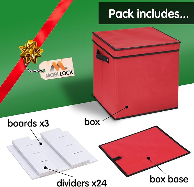 Mobi Lock Christmas Ornament Storage Box with Dividers - Holiday Ornament Organizer Bag - Holds 64 Balls - Durable Red Fabric Container, No Tray - Foldable Xmas Decorations Storage