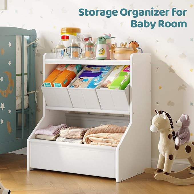 Kids Toy Storage Organizer with Wooden Display Shelf for Playroom & Nursery | Open shelves and removable bins encourage children to read, play and clean up independently, patent design