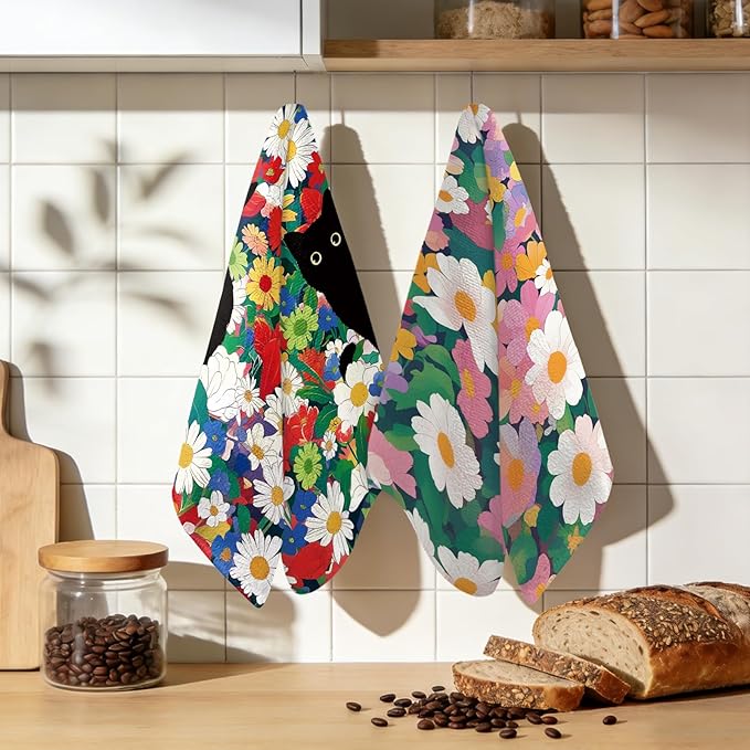 Black Cat Floral Kitchen Towels Set of 2, Cute Cat Dish Towels for Kitchen Drying, Soft Absorbent Microfiber Dish Towels, Spring Cats Kitchen Dish Towels for Cooking, Home, Housewarming Gifts