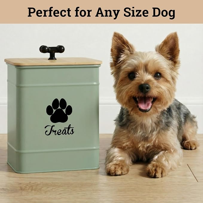 Dog Treat Container Airtight, 6"W x 8"H, Powder Coated, 12 Cup Capacity | Fits All Popular Treats, 12 Cup Capacity, Airtight Bamboo Lid, Easy Open Lid, Dent-Resistant Durable Metal Bone-Shaped Handle