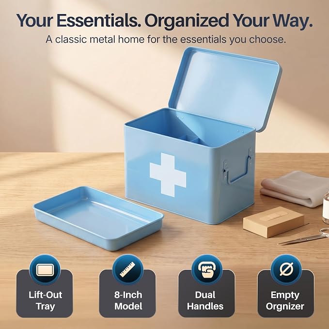 Flexzion Large Metal First Aid Box Empty, 8.5-Inch, Blue with White Cross | Vintage Medicine Box and First Aid Storage Organizer with Removable Tray and Dividers; Empty Box Only, Supplies Not Included