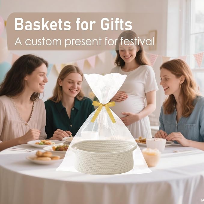 JMvicyroam Small Woven Basket, Empty Gift Basket, White/2 Pack | Small Gift Basket, Cotton Rope, 12 x 8 x 7 in, Handles, Includes Ribbon and Bag, Birthday Gift Basket