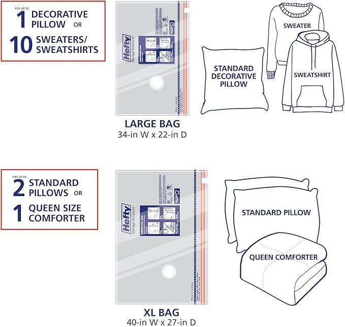 Hefty Shrink-Pak Vacuum Storage Bags - Space Saver for Under Bed Storage, Clothing and Comforters, Odor Resistant, 3X More Storage Space - 3 Large, 3 XL Bags (Pack of 18)