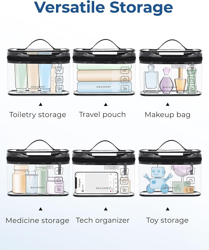 BAGSMART TSA Approved Toiletry Bag, 3 Pack Clear Makeup Cosmetic Bag Organizer, Quart Size Travel Bag for Toiletries, Carry-on Travel Accessories Essentials, Black-3pcs