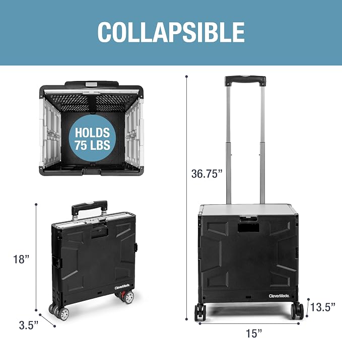 CleverMade Collapsible Rolling Crate with Lid, 35L, 4-Wheel, Cool Gray | Move Heavy Supplies in Any Direction | Four Swivel Wheels and a Telescoping Handle Guide 75 lb, Then Fold to 3.5 Inches