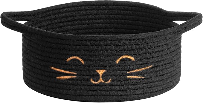 Small Woven Rope Cat Toy Basket with Cat Face Design, Black | 9.8" x 4" Cute Cat Toy Bin & Box for Living Room & Nursery, Boho Gift Basket Empty with Sturdy Handles, Cozy Cats Bed