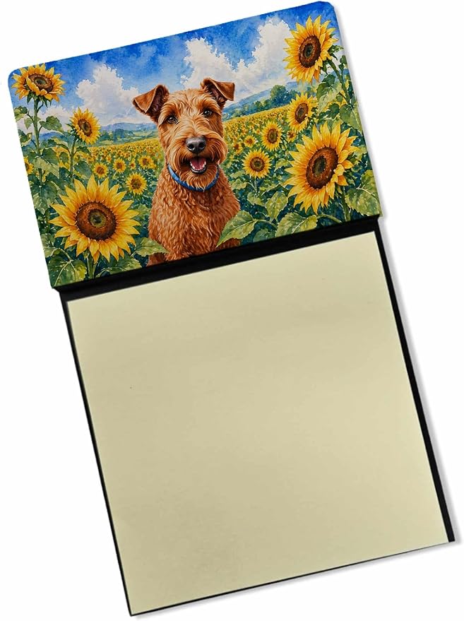 Caroline's Treasures Irish Terrier in Sunflowers Watercolor Sticky Note Holder Refillable Dispenser Desk Accessory 3x3 Pad Gift