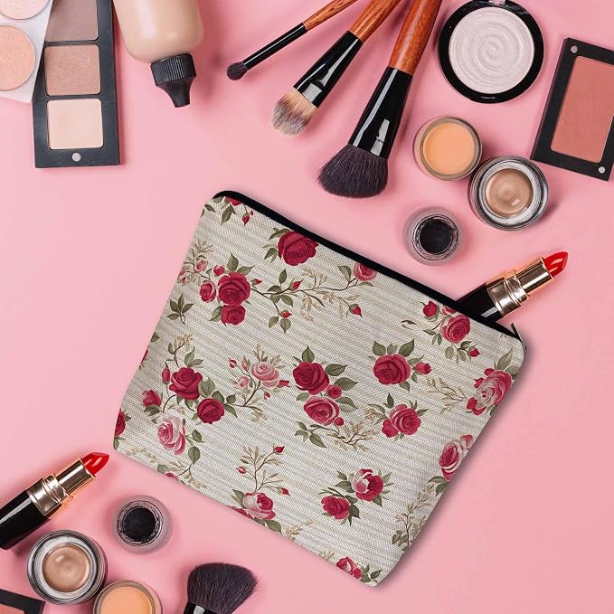 Makeup Bag For Purse Rose, Retro Floral Roses Red Cosmetic Bags For Women With Zipper Travel Toiletry Pouch Makeup Bags Makeup Organizers Purse For Toiletries Cosmetics